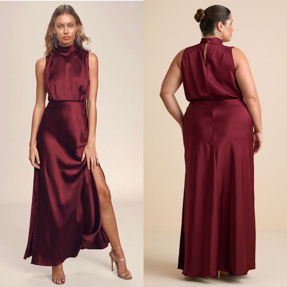 NWT LULUS Burgundy Satin Mockneck Sleeveless Formal Wedding Guest Maxi Gown XL - Picture 6 of 9